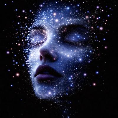 The primary subject of the image is a close-up of a woman's face, with her eyes closed. The setting is a dark background, which contrasts with the bright, colorful stars that surround her face. The visual style is a combination of a photo and digital art, creating a unique and artistic representation of the woman's face. The colors and mood of the image are vibrant and dreamy, with the stars adding a sense of wonder and imagination to the scene.